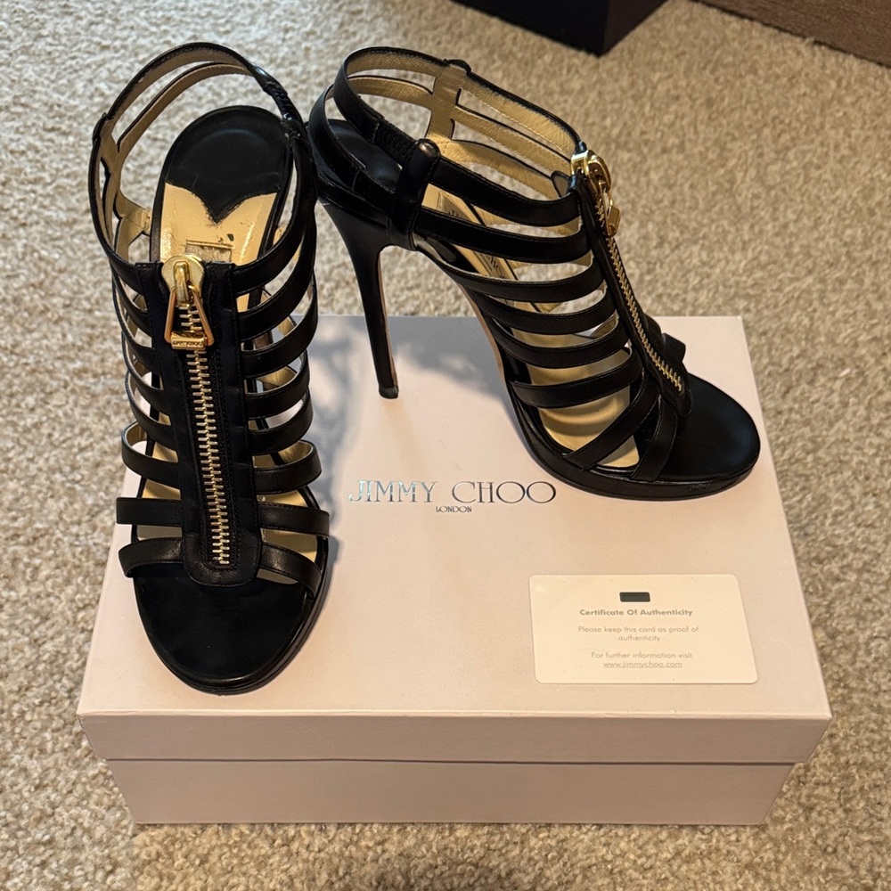 Jimmy Choo Black and Gold Zipper Heels